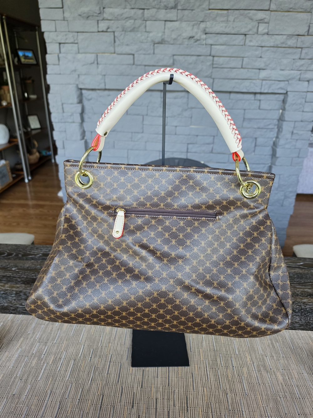 Brown Patterned Tote Bag with Wrist Pouch - Brown - Picture 3 of 5